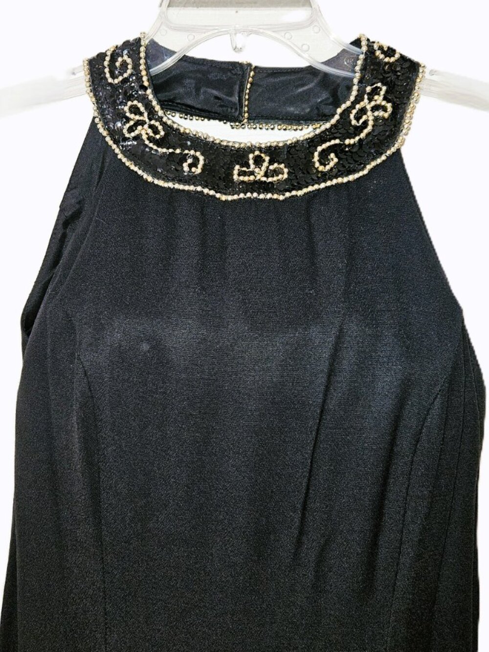 Vintage De Laru Black Beaded Halter Gown High Slit V Back Sz 7/8 Small